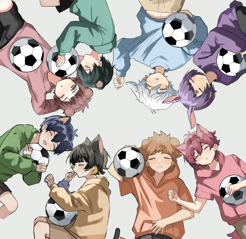 6+boys absurdres animal_ears antenna_hair aqua_sweater bachira_meguru ball bear_ears black_hair blue_lock blue_sweater brown_hair brown_shorts cat_ears cat_tail chigiri_hyoma closed_eyes closed_mouth commentary_request green_hoodie grey_background highres hood hoodie isagi_yoichi itoshi_rin itoshi_sae karuta_(user_ppjw2438) kunigami_rensuke long_sleeves lying male_focus mikage_reo multicolored_hair multiple_boys nagi_seishirou on_floor one_eye_closed orange_hoodie pink_hair pink_hoodie purple_hair purple_sweater rabbit_ears short_hair shorts simple_background sleeping soccer_ball sweater tail two-tone_hair white_hair