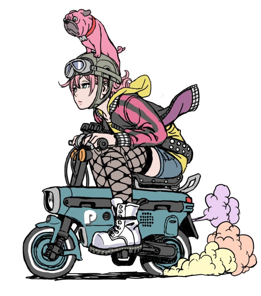 1girl animal animal_on_head aqua_eyes boots collar dog fishnet_thighhighs fishnets flat_color from_side frown full_body goggles goggles_on_headwear hair_between_eyes half-closed_eyes helmet highres hood hoodie jacket leaning_forward monkey_bike motor_vehicle motorcycle noped on_head pink_hair pink_lips plastic_angels pug short_shorts shorts simple_background sitting smoke thighhighs white_background white_footwear yamashita_shun&#039;ya