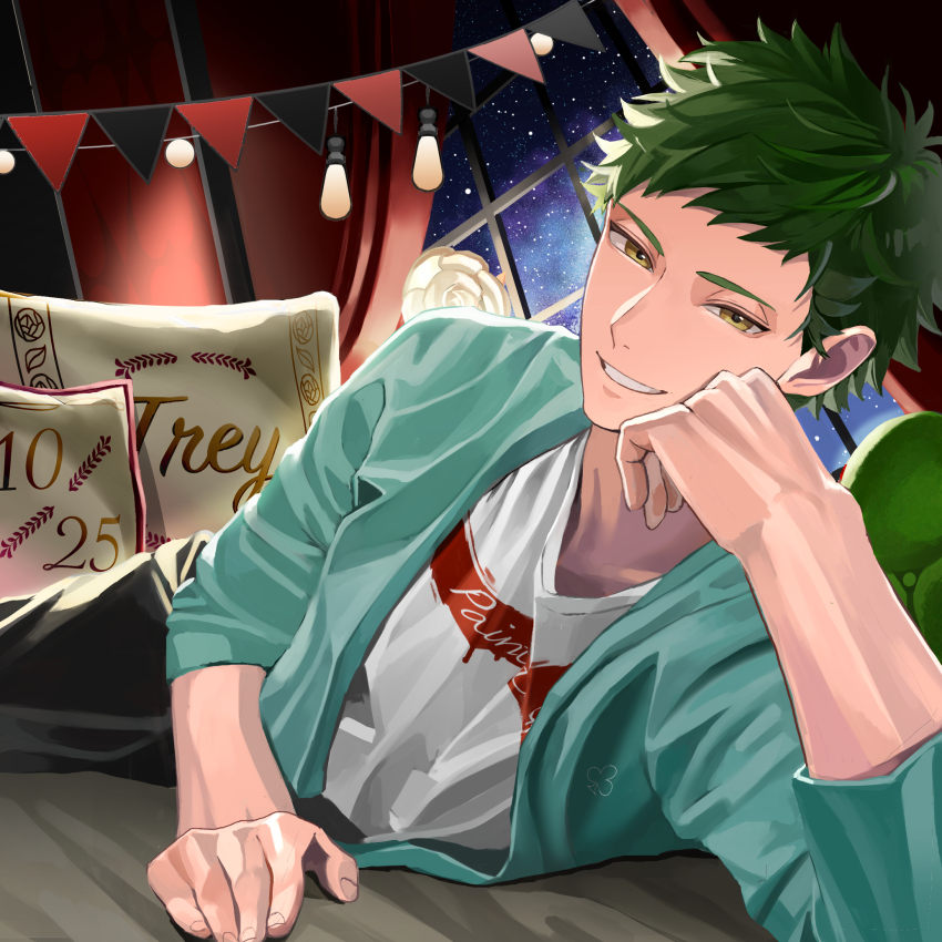 1boy chikuwa_glasses green_hair grin head_rest highres indoors looking_at_viewer lying male_focus no_eyewear on_side pillow shirt short_hair smile solo trey_clover twisted_wonderland white_shirt yellow_eyes