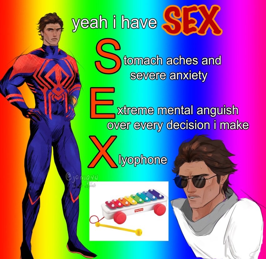1boy alternate_costume blue_bodysuit bodysuit brown_hair dark-skinned_male dark_skin english_text hair_slicked_back highres instrument jamqyu male_focus marvel mature_male meme miguel_o&#039;hara muscular muscular_male photo-referenced rainbow_background red_bodysuit short_hair spider-man:_across_the_spider-verse spider-man_(series) spider-verse sunglasses thick_eyebrows two-tone_bodysuit xylophone yeah_i_have_sex_(meme)