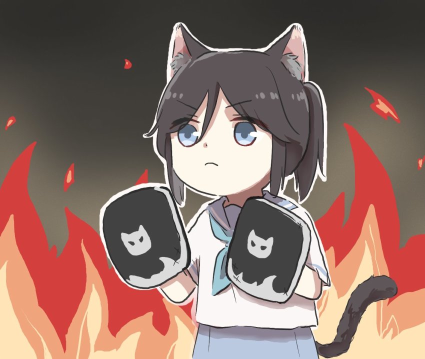 1girl angry animal_ears black_hair blue_eyes blue_neckerchief blue_sailor_collar blue_skirt boxing_gloves cat_ears cat_girl cat_tail chibi fire frown hands_up hibike!_euphonium highres kasaki_nozomi kitauji_high_school_uniform liz_to_aoi_tori long_hair looking_at_viewer lyy neckerchief pleated_skirt sailor_collar school_uniform serafuku shirt short_sleeves skirt solo tail white_shirt