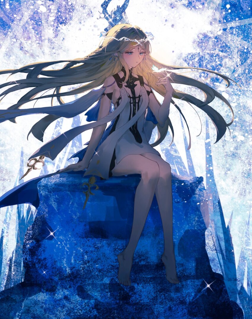 1girl bare_legs bare_shoulders black_collar black_dress blonde_hair blue_eyes cartethyia_(wuthering_waves) collar commentary dress earrings feet hair_spread_out hand_up hashtag-only_commentary highres icekreamf05 jewelry legs long_hair looking_at_object necklace parted_bangs pointy_ears sidelocks sitting solo tabard tacet_mark_(wuthering_waves) toes white_tabard wuthering_waves
