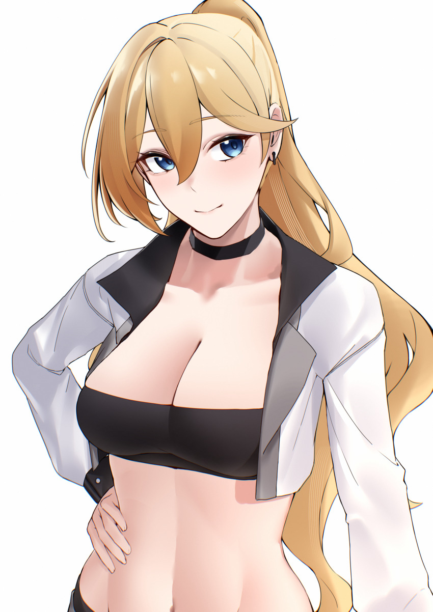 1girl absurdres black_choker black_tube_top blonde_hair blue_eyes breasts choker commentary_request durandal_(honkai_impact) hand_on_own_hip highres honkai_(series) honkai_impact_3rd jacket large_breasts long_hair navel pyeong_il simple_background solo stomach strapless tube_top upper_body white_background white_jacket