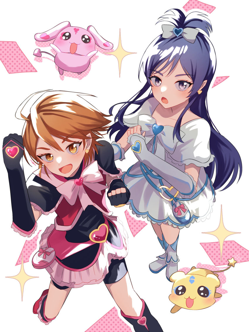 2girls :d absurdres arm_warmers bike_shorts bike_shorts_under_skirt black_gloves black_shorts black_skirt blue_hair boots commentary_request cure_black cure_white detached_sleeves dress earrings eyelashes fingerless_gloves frilled_dress frilled_skirt frills futari_wa_precure futari_wa_precure_max_heart gloves hair_ornament half_updo happy heart heart_earrings highres jewelry leg_warmers long_hair looking_at_viewer magical_girl mepple miniskirt mipple misumi_nagisa multiple_girls open_mouth orange_eyes orange_hair precure purple_eyes short_hair shorts shorts_under_skirt skirt smile standing tsukuno_tsuki white_dress yukishiro_honoka
