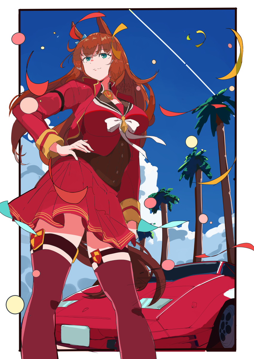 1girl absurdres amepa_(ame_pinecandy) animal_ears blue_bow blue_eyes blue_sky border bow breasts brown_hair car closed_mouth cloud commentary cowboy_shot ear_bow feet_out_of_frame hand_on_own_hip highres horse_ears horse_girl horse_tail jacket lamborghini lamborghini_countach large_breasts long_hair maruzensky_(umamusume) motor_vehicle open_clothes open_jacket outdoors outside_border pleated_skirt red_serafuku red_skirt red_thighhighs school_uniform serafuku skirt sky smile solo tail thighhighs umamusume white_border white_bow