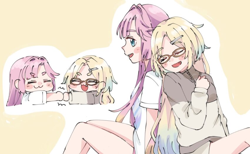 2girls :3 :d =_= anyoji_hime anyoji_hime_(summer_loungewear) back-to-back blonde_hair blue_eyes blue_hair blush brown-framed_eyewear brown_shirt chibi closed_eyes commentary fang fist_bump glasses gradient_hair hair_intakes hair_ornament hairclip link!_like!_love_live! long_hair long_sleeves love_live! mira-cra_park! moso_(expect66) multicolored_hair multiple_girls multiple_views official_alternate_costume open_mouth osawa_rurino osawa_rurino_(summer_loungewear) outline parted_bangs pink_hair pink_shorts profile shirt short_eyebrows short_shorts short_sleeves shorts simple_background sitting smile symbol-only_commentary t-shirt teeth thick_eyebrows two-tone_hair upper_teeth_only virtual_youtuber white_outline white_shirt yellow_background