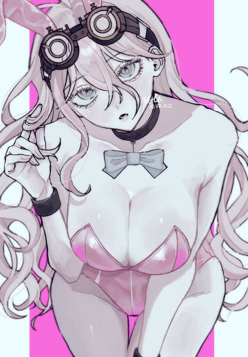 1girl :o animal_ears bare_shoulders black_choker blonde_hair bow bowtie breasts choker cleavage collarbone danganronpa_(series) danganronpa_v3:_killing_harmony fake_animal_ears goggles goggles_on_head groin hair_between_eyes hand_up highres iruma_miu large_breasts leaning_forward leotard long_hair pink_background pink_eyes pink_leotard shiny_skin solo v0_id11 white_background