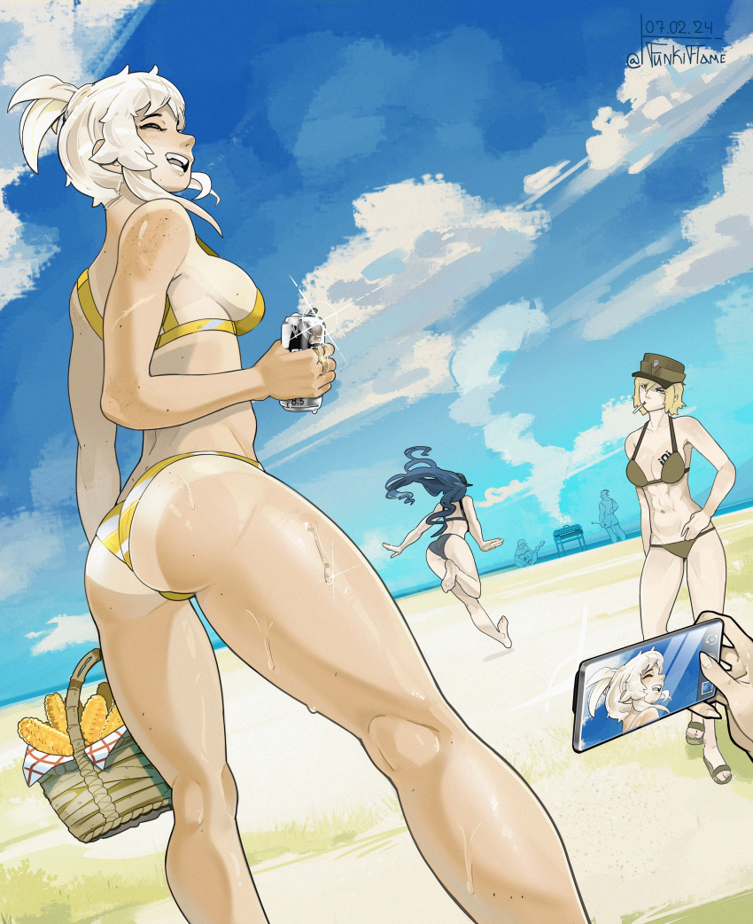 2boys 3girls abs absurdres alcohol ass ass_focus bare_legs beach beer beer_can between_legs bikini black_bikini blue_hair blue_sky bra breasts can cleavage closed_eyes cloud cloudy_sky commentary cooking corn cossack_(polish_anon) drink_can eva_(kavunyak) frown funkiflame green_bikini grill grilling guitar hand_on_own_hip high_ponytail highres holding holding_phone idi_nahui instrument kenneth_del_duca kneepits kraken_(japanon) large_breasts legs light_frown marichka mazepynka medium_breasts mole multiple_boys multiple_girls multiple_moles muscular muscular_female nika_(usergore) non-web_source ocean original outdoors panties phone picnic picnic_basket playing_guitar ponytail running sand sandals sky smile smoke smoking striped_bikini striped_clothes striped_panties sweat sweatdrop swimsuit taking_picture tan tanline tattoo toned toned_female underwear wind