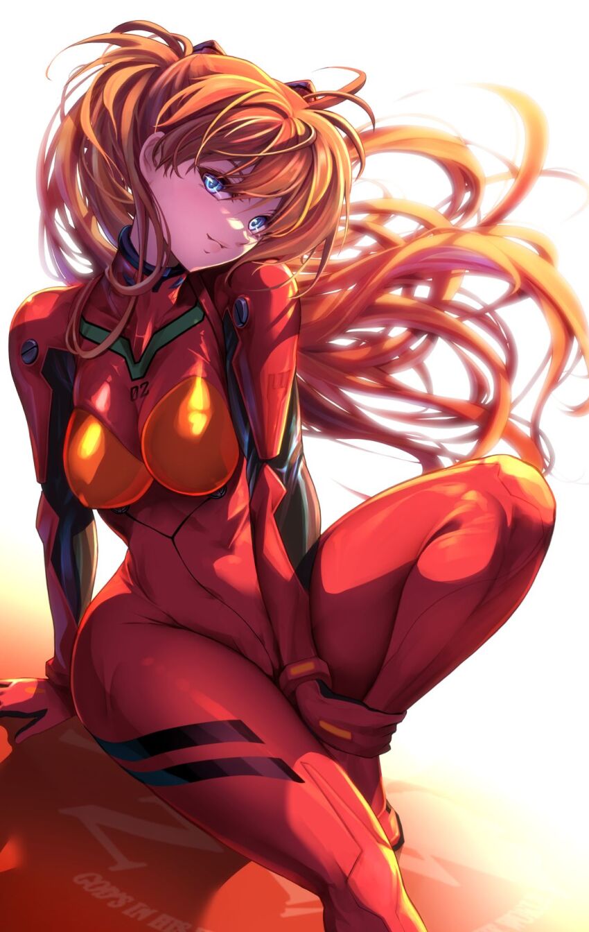 1girl alternate_breast_size blue_eyes bodysuit breasts commentary_request curvy gradient_background head_tilt headgear highres interface_headset_(evangelion) kawaraya_a-ta large_breasts lips long_hair mecha_pilot_suit neon_genesis_evangelion orange_background orange_hair plugsuit_(evangelion) red_bodysuit shadow shiny_clothes sitting skin_tight solo souryuu_asuka_langley two-tone_background wide_hips