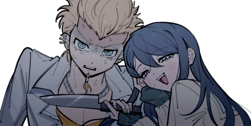 1boy 1girl beard black_eyes blonde_hair blue_eyes blue_hair collared_shirt commentary danganronpa:_trigger_happy_havoc danganronpa_(series) dot_nose dress_shirt ear_piercing earrings eyelashes facial_hair fingernails forehead goatee half-closed_eyes hand_on_own_head head_tilt holding holding_knife jewelry knife kuwata_leon lapels light_blush long_hair long_sleeves maizono_sayaka morning_(d0nteat) multiple_piercings necklace nervous_sweating notched_lapels open_clothes open_mouth open_shirt pectoral_cleavage pectorals piercing red_tank_top sailor_collar scared school_uniform serafuku shaded_face shirt short_hair simple_background single_earring sleeves_past_wrists smile stud_earrings sweat tank_top teeth tied_beard upper_body upper_teeth_only very_long_hair white_background white_sailor_collar white_shirt