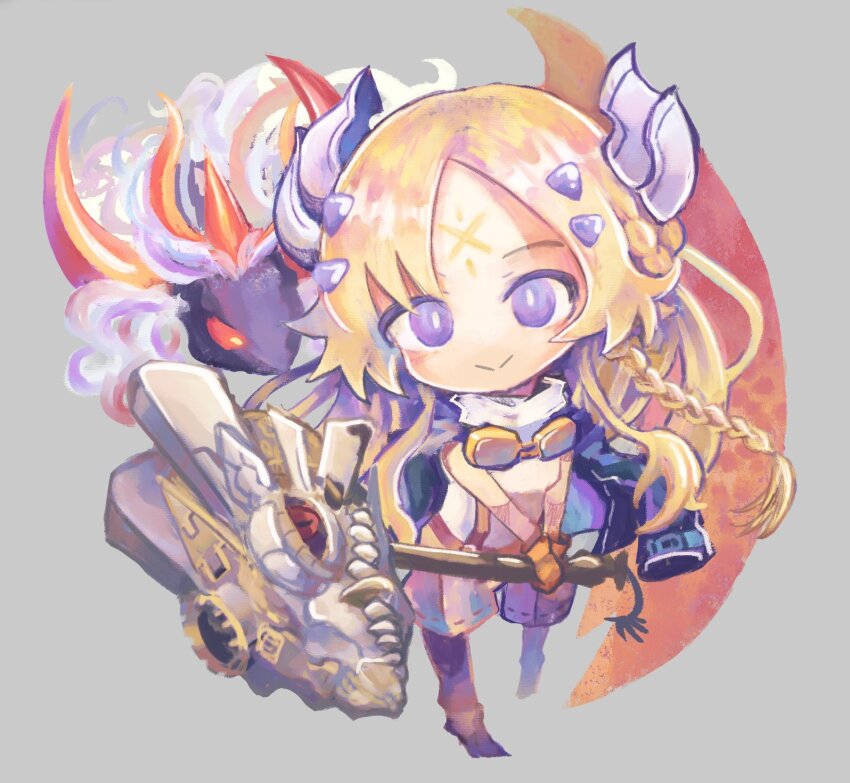 1girl albaz_(yu-gi-oh!) albion_the_shrouded_dragon blonde_hair blue_eyes chibi dragon duel_monster ecclesia_(yu-gi-oh!) facial_mark fake_horns forehead_mark grey_background highres holding holding_weapon horns incredible_ecclesia_the_virtuous natanekoko smile solo war_hammer weapon yu-gi-oh!