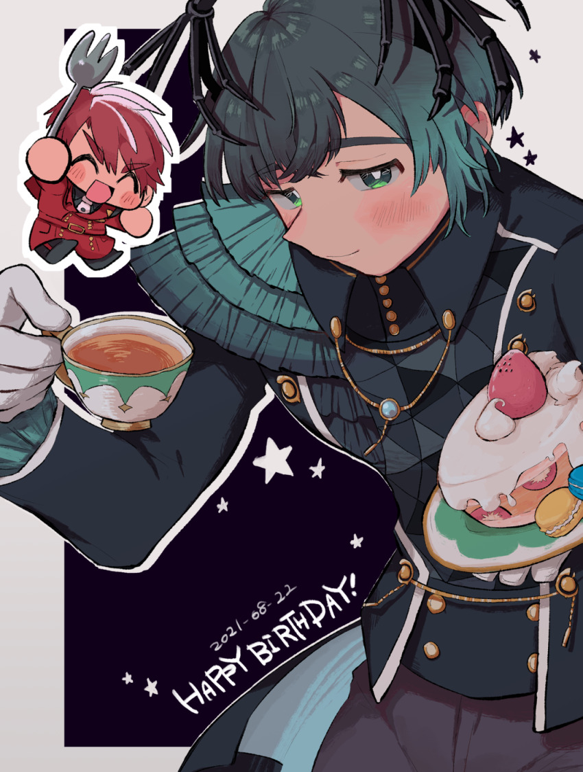 2boys :d ^_^ aqua_hair barbatos_(obey_me!) black_shirt blush border buttons cake cake_slice chibi chibi_inset closed_eyes coat collared_shirt cowboy_shot cup dated diavolo_(obey_me!) food fork frilled_sleeves frills fruit gold_buttons gradient_hair green_eyes grey_border hair_between_eyes happy_birthday head_wings highres holding holding_cup holding_fork holding_plate hunched_over light_smile looking_at_viewer macaron male_focus multicolored_hair multiple_boys necktie obey_me!:_one_master_to_rule_them_all! open_mouth pants parted_bangs plate purple_background raised_eyebrows red_coat red_hair shadow shirt short_hair single_sidelock skeletal_wings smile solo_focus star_(symbol) strawberry strawberry_shortcake tailcoat tea teacup thick_eyebrows user_vvcv3324 v-shaped_eyebrows white_necktie wings