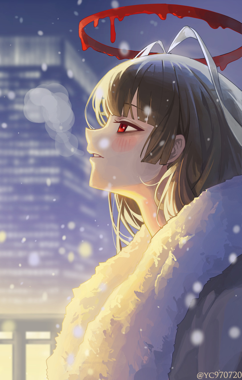 1girl absurdres antenna_hair bags_under_eyes black_hair blue_archive blunt_bangs blush breath building commentary fur_shawl halo highres long_hair looking_ahead melting_halo outdoors profile red_eyes red_halo shawl snowing solo tsurugi_(blue_archive) twitter_username yc97