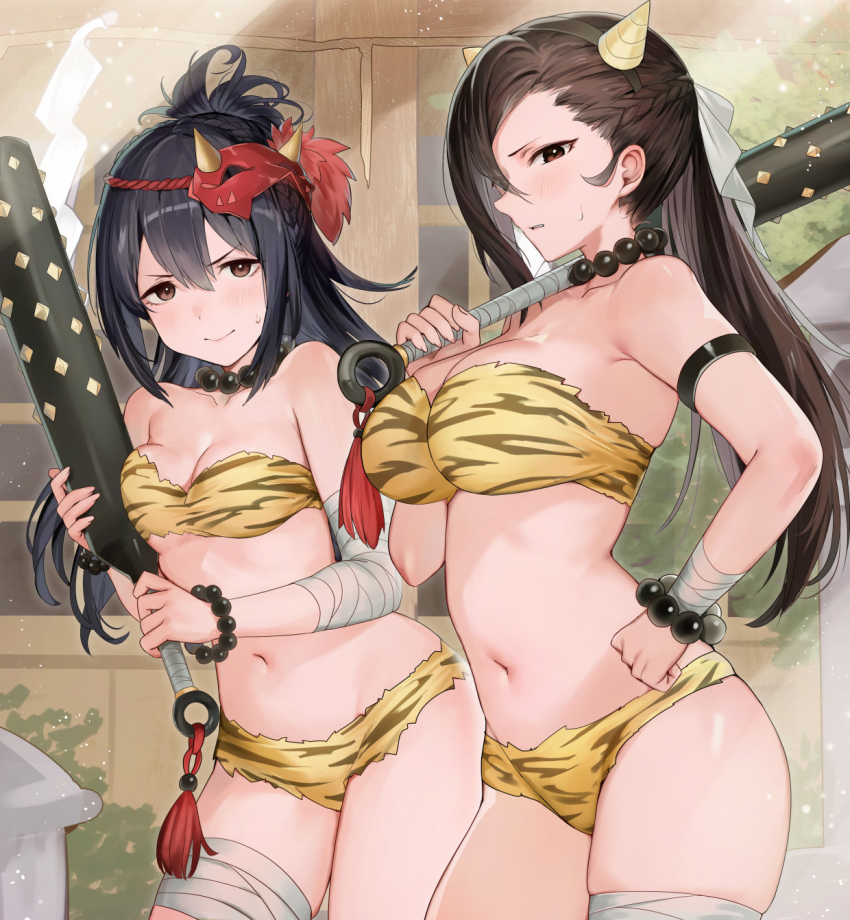 2girls alternate_costume animal_print bandaged_arm bandaged_leg bandages bikini black_hair braid breasts brown_eyes cleavage closed_mouth commentary_request commission fake_horns fire_emblem fire_emblem_fates hair_between_eyes hair_ribbon haru_(nakajou-28) highres holding horns kagero_(fire_emblem) large_breasts long_hair mask mask_on_head medium_breasts multiple_girls navel nintendo oboro_(fire_emblem) print_bikini ribbon smile standing stomach strapless strapless_bikini swimsuit tiger_print white_ribbon yellow_bikini