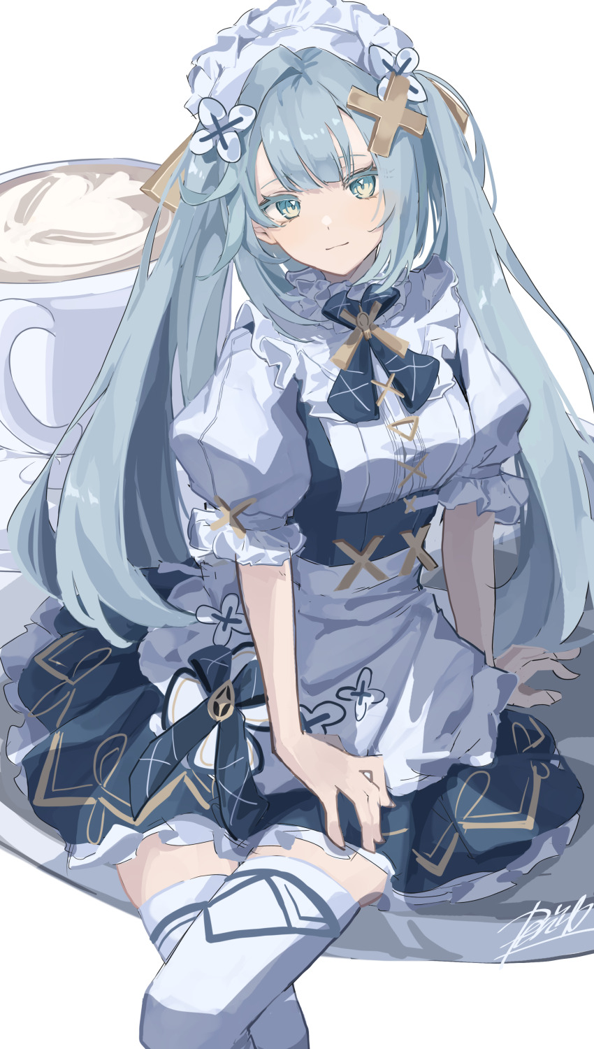 1girl absurdres apron aqua_hair closed_mouth crossed_legs dress faruzan_(genshin_cafe_in_seoul)_(genshin_impact) faruzan_(genshin_impact) genshin_impact green_eyes hair_ornament highres long_hair looking_at_viewer maid maid_apron maid_headdress official_alternate_costume ren_(renjiyu) short_sleeves signature simple_background sitting smile solo thighhighs twintails white_background white_thighhighs x_hair_ornament zettai_ryouiki