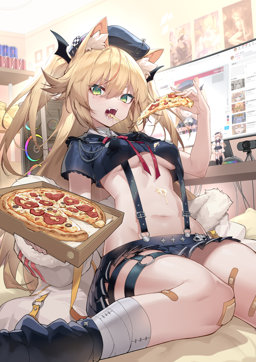 1girl absurdres animal_ears bandaged_leg bandages bandaid_on_thigh black_hat black_sailor_collar black_shirt black_skirt black_socks blonde_hair breasts cat_ears character_request crop_top crop_top_overhang fangs food fur_trim green_eyes hand_up hat highres holding holding_food holding_pizza indie_virtual_youtuber jacket long_hair long_sleeves looking_at_viewer medium_breasts microskirt midriff mole mole_under_eye navel off_shoulder open_clothes open_jacket open_mouth pizza pizza_box pleated_skirt puffy_long_sleeves puffy_sleeves sailor_collar shanyao_jiang_tororo shirt short_sleeves sitting skirt slit_pupils socks solo stomach suspenders thigh_strap thighs two_side_up underboob v-shaped_eyebrows very_long_hair virtual_youtuber wariza white_jacket