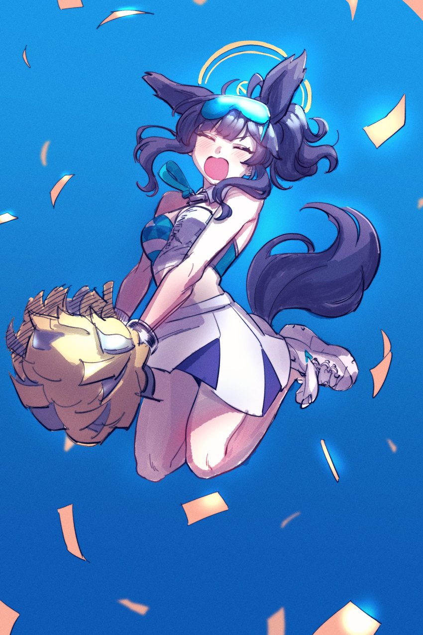 1girl absurdres animal_ears black_hair blue_archive blush cheerleader closed_eyes commentary_request dog_ears dog_girl dog_tail halo hibiki_(blue_archive) hibiki_(cheer_squad)_(blue_archive) highres hobgoblin-kim jumping millennium_cheerleader_outfit_(blue_archive) open_mouth pleated_skirt pom_pom_(cheerleading) ponytail skirt solo tail