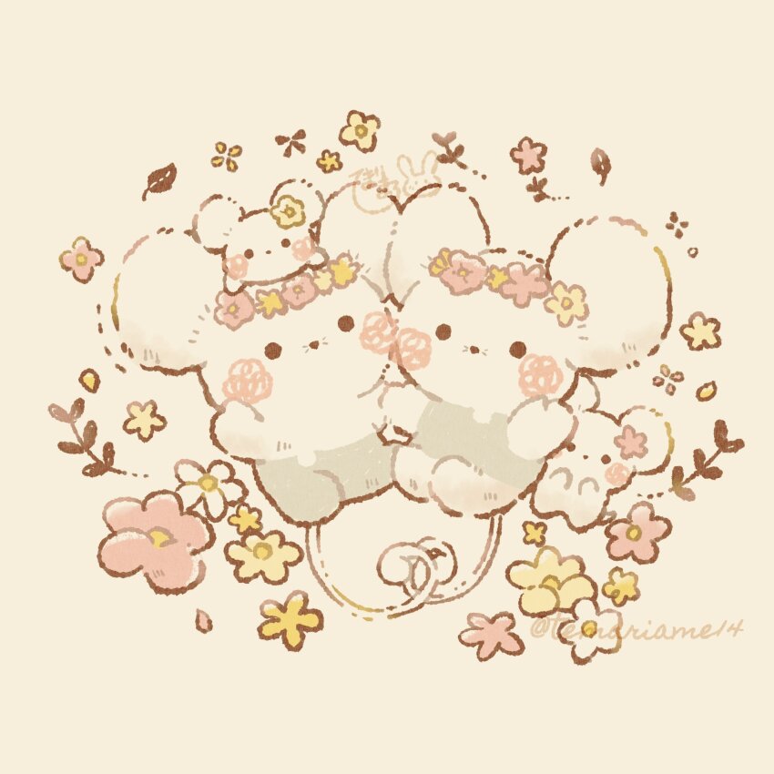 blush_stickers brown_background commentary_request flower flower_wreath full_body hair_flower hair_ornament highres looking_at_viewer maushold maushold_(family_of_four) nintendo no_humans pink_flower pokemon pokemon_(creature) pokemon_focus signature simple_background temariame14 twitter_username white_flower yellow_flower