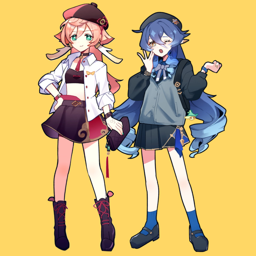 2girls :d adapted_costume alternate_costume aqua_nails bag bandeau bare_legs black_footwear black_headwear black_skirt black_sweater blue_hair blue_shirt bonnet boots bow bowtie bracelet bright_pupils brown_bandeau brown_bracelet brown_choker brown_footwear brown_headwear brown_skirt buttons cardigan cardigan_vest choker closed_mouth collared_shirt commentary_request crossed_bangs dress_shirt drill_hair drill_sidelocks full_body genshin_impact green_eyes grey_cardigan hair_between_eyes hair_flaps hair_over_shoulder hand_on_own_hip handbag hat head_tilt high_heel_boots high_heels highres holding holding_bag horns jewelry layla_(genshin_impact) loafers long_hair long_sleeves looking_at_viewer loose_clothes loose_shirt midriff multiple_girls nail_polish neck_ribbon one_eye_closed open_clothes open_mouth open_shirt parted_bangs pink_hair pink_headwear pleated_skirt pointing pointy_ears ribbon ring shirt shoes sidelocks skirt sleeveless sleeves_rolled_up smile stomach sweater swept_bangs tassel tassel_choker thighs twin_drills two-tone_headwear utori_(tanakautori) very_long_hair watch white_bow white_bowtie white_pupils white_ribbon white_shirt wide_sleeves yanfei_(genshin_impact) yawning yellow_eyes