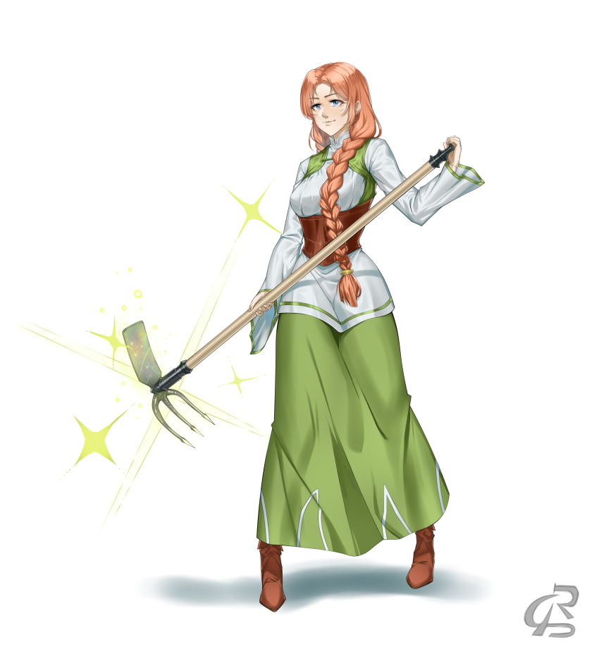 1girl absurdres blue_eyes breasts farmer green_skirt highres hoe medium_breasts mia_(vestaria_saga_2) orange_hair ponytail skirt vestaria_saga vestaria_saga_2