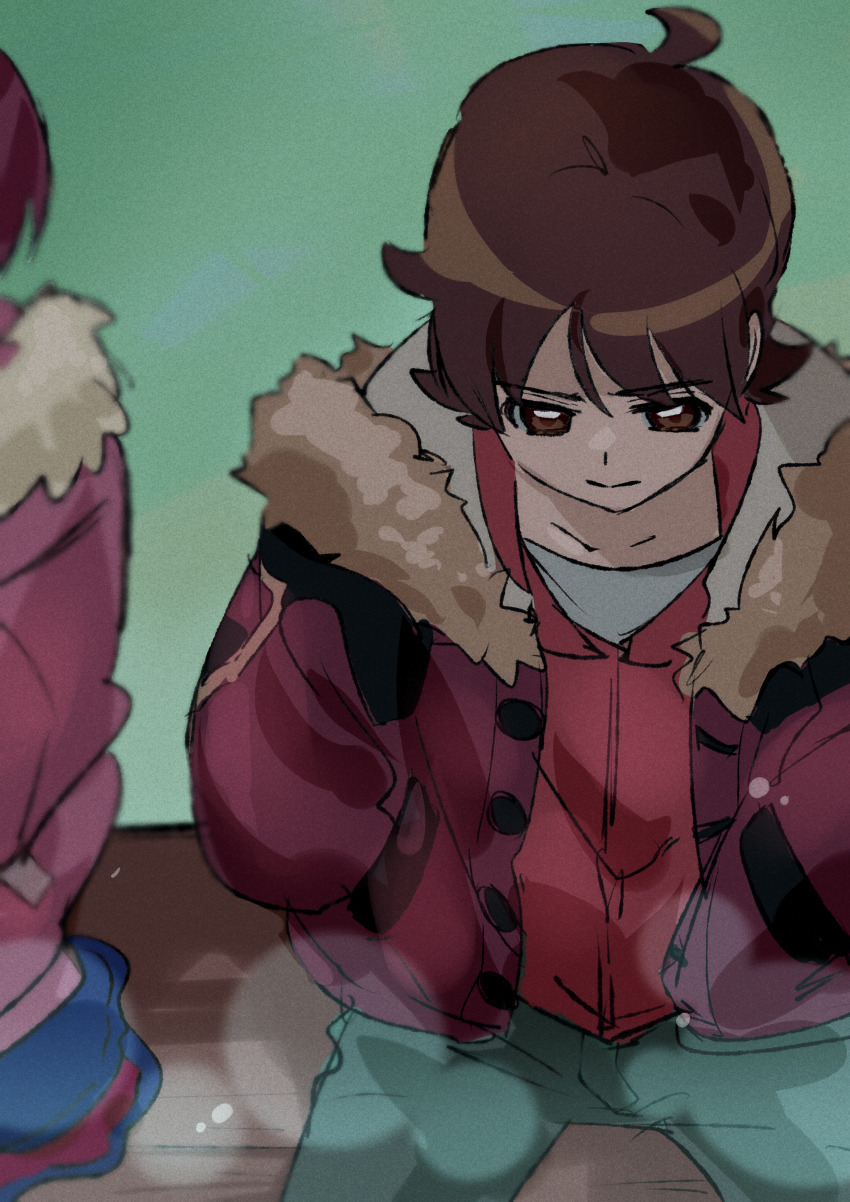 1boy 1girl absurdres ahoge aino_megumi aqua_background aqua_pants blue_skirt brown_eyes brown_hair buttons closed_mouth coat collarbone commentary_request cowboy_shot denim downturned_eyes fur-trimmed_coat fur_trim hands_in_pockets happinesscharge_precure! highres hood hood_down hooded_jacket jacket jeans light_particles long_sleeves male_focus miniskirt on_bench open_clothes open_coat pants pink_coat pink_hair ponytail precure puffy_long_sleeves puffy_sleeves red_coat red_jacket sad sagara_seiji shipu_(gassyumaron) shirt short_hair signature sitting skirt solo_focus swept_bangs white_shirt winter_clothes