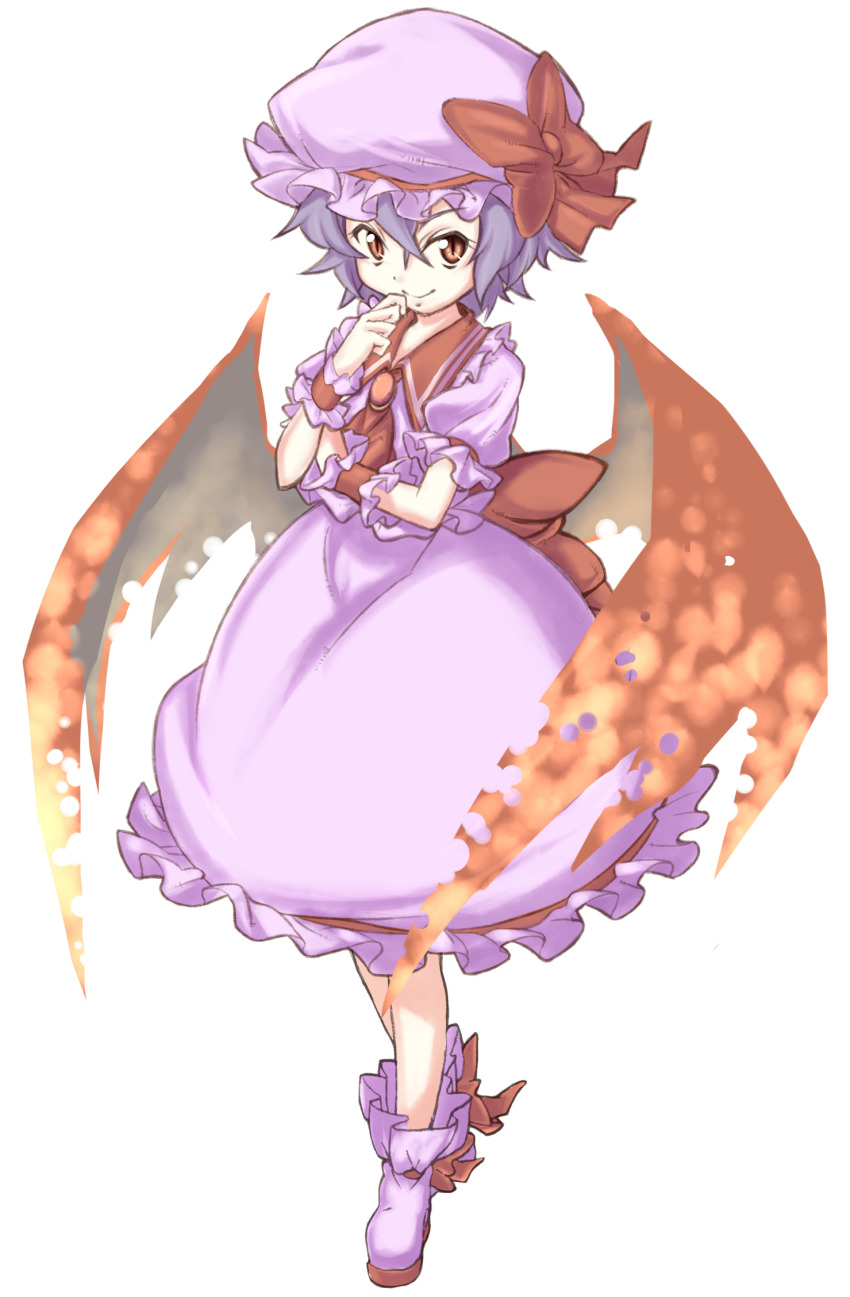 1girl arm_across_waist ascot boots bow brown_eyes brown_wings closed_mouth commentary_request contrast_collar frilled_sleeves frilled_wrist_cuffs frills full_body hand_up hat hat_bow hat_ribbon highres mob_cap pink_boots pink_hat pink_shirt pink_skirt puffy_short_sleeves puffy_sleeves purple_hair red_ascot red_bow red_ribbon remilia_scarlet ribbon shirt short_hair short_sleeves simple_background skirt sleeve_ribbon smile solo standing touhou transparent_background wings wrist_cuffs yuki_dango