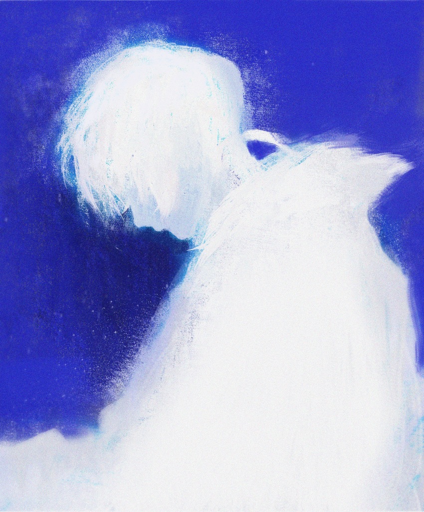 1boy absurdres blue_background blue_theme cloak commentary_request facing_down from_side fumetsu_no_anata_e fushi highres low_ponytail male_focus monochrome no_lineart ponytail profile qingzhou837 short_hair simple_background snow solo upper_body white_hair