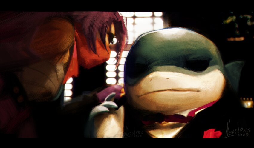 1boy 1girl absurdres artist_name black_suit closed_mouth commentary dated derivative_work english_commentary formal_clothes highres jeff_(marvel) looking_at_another marvel marvel_rivals masked neo_jpeg psylocke purple_hair red_scarf scarf shark shark_fin signature suit superhero_costume the_godfather
