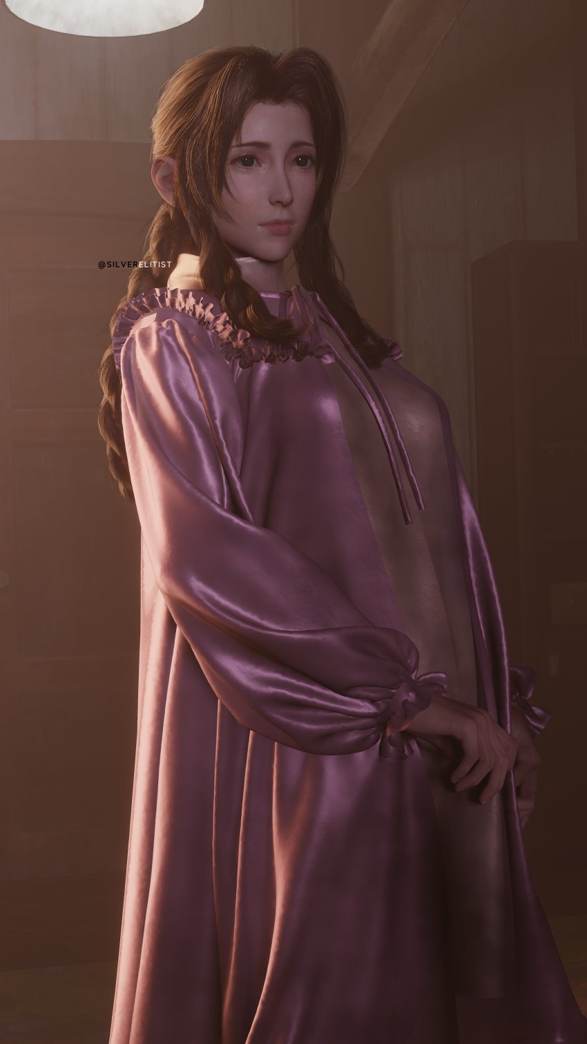 1girl 3d absurdres aerith_gainsborough braid breasts brown_hair final_fantasy final_fantasy_vii final_fantasy_vii_remake gainsborough_house highres long_hair long_sleeves looking_to_the_side medium_breasts nightgown own_hands_together parted_bangs pink_nightgown puffy_long_sleeves puffy_sleeves sidelocks silk silverelitist solo square_enix standing upper_body