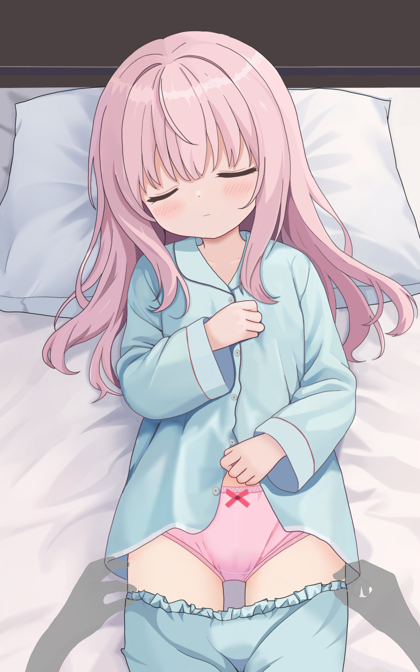 1girl absurdres assisted_exposure bed bed_sheet blue_pajamas blush buttons closed_eyes clothes_pull female_focus highres loli long_hair lying on_back on_bed original pajamas panties pants pants_pull pillow pink_hair pink_panties pov pov_hands pulling_another&#039;s_clothes sleeping totorin7124 underwear
