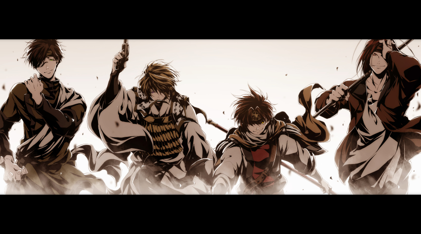 4boys brown_hair cho_hakkai dossei genjou_sanzou green_eyes gun headband highres looking_at_viewer male_focus multiple_boys purple_eyes red_eyes saiyuki sha_gojou son_goku_(saiyuki) staff weapon yellow_eyes