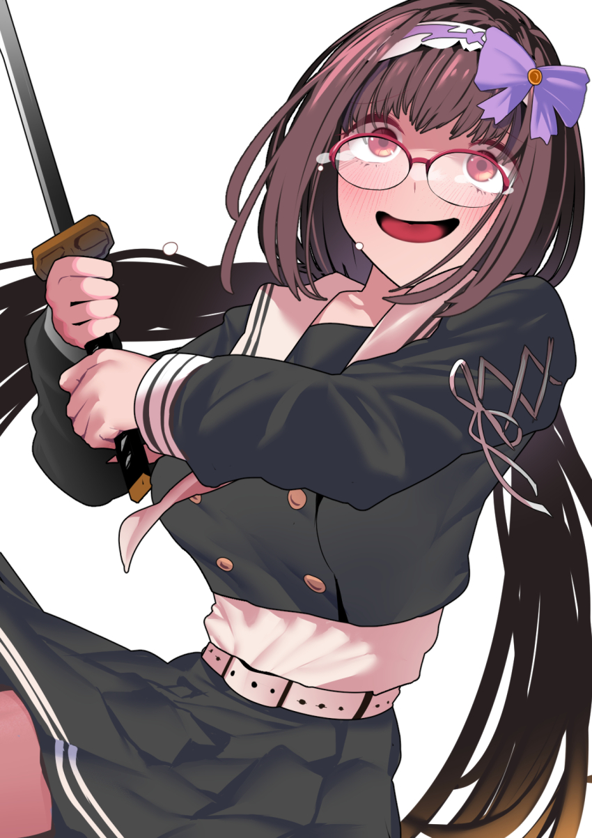 1girl alternate_costume blush bow breasts brown_hair buttons cosplay crying crying_with_eyes_open double-breasted fate/grand_order fate_(series) glass glasses hair_bow hairband highres holding holding_weapon kurohime_(fate) kurohime_(fate)_(cosplay) large_breasts long_hair looking_at_viewer low_twintails open_mouth osakabehime_(fate) purple_eyes red-framed_eyewear sailor_collar school_uniform semi-rimless_eyewear smile solo sword tears twintails very_long_hair weapon yakuoyoso