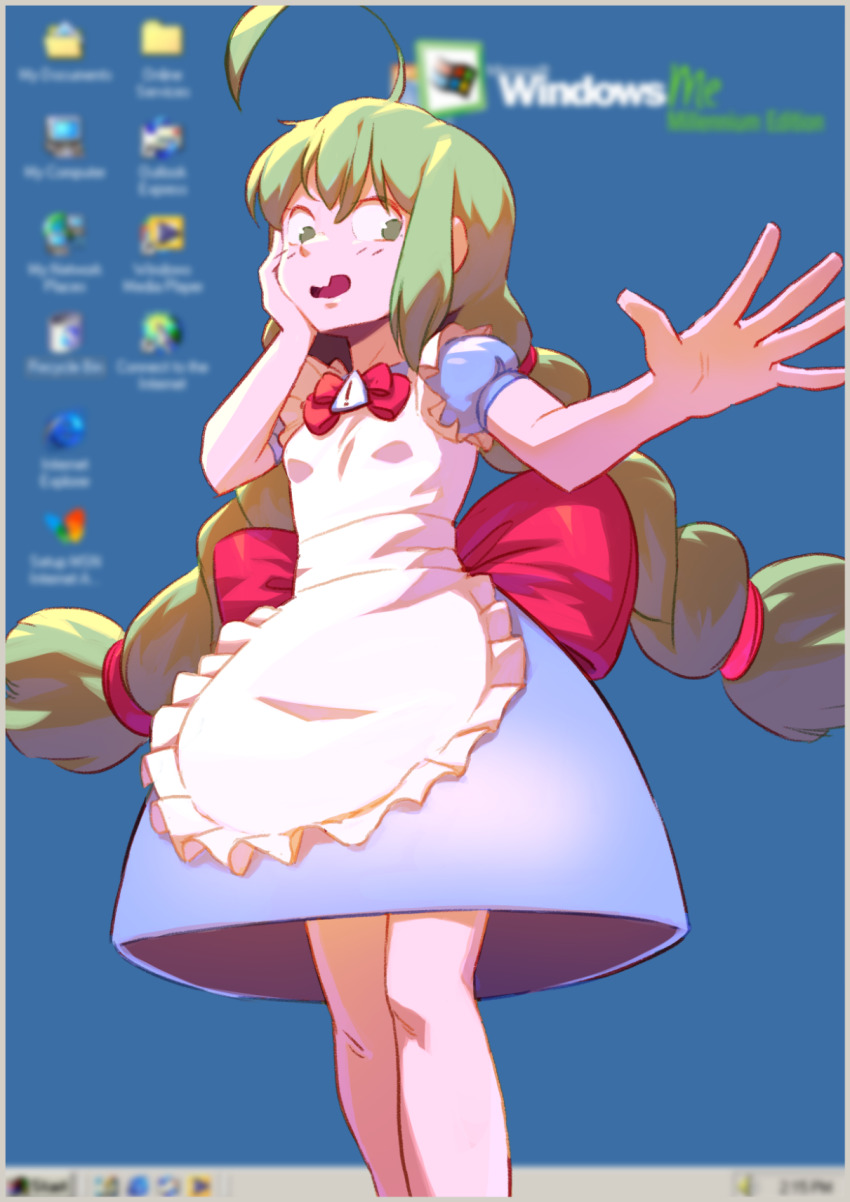 ! 1girl :d ahoge apron blue_dress blurry blurry_background blush bow bowtie braid breasts commentary dress dress_bow english_commentary feet_out_of_frame green_eyes green_hair hair_between_eyes hand_on_own_cheek hand_on_own_face highres long_hair maid me-tan microsoft_windows open_mouth os-tan outstretched_arm phinci puffy_short_sleeves puffy_sleeves reaching reaching_towards_viewer red_bow red_bowtie short_sleeves sidelocks small_breasts smile solo spread_fingers standing twin_braids user_interface very_long_hair wavy_mouth white_apron wide-eyed windows_classic windows_me