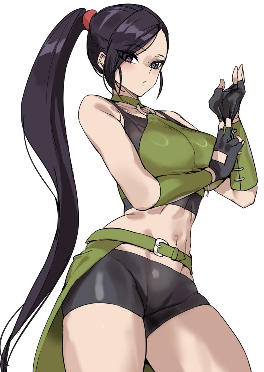 1girl ashiomi_masato bare_shoulders black_hair breasts choker dragon_quest dragon_quest_xi fingerless_gloves gloves highres large_breasts long_hair looking_at_viewer martina_(dq11) navel ponytail purple_eyes purple_hair solo very_long_hair