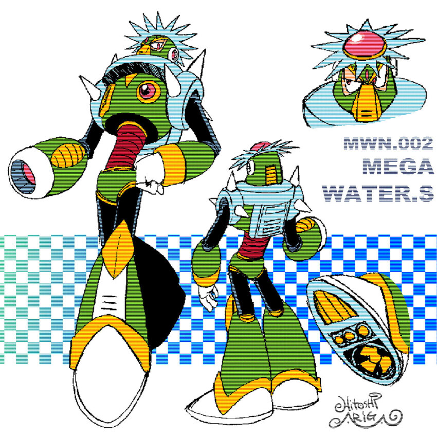 1boy aqua_background ariga_hitoshi arm_cannon armor artist_name black_bodysuit blue_background bodysuit boots character_name checkered_background chest_armor chest_jewel clenched_hand commentary_request concept_art electric_fan from_behind full_body gem gradient_background green_armor green_footwear green_helmet hand_on_own_hip hand_up helmet highres humanoid_robot joints kappa knee_boots looking_ahead looking_at_viewer looking_down looking_to_the_side male_focus mega_man:_the_wily_wars mega_man_(classic) mega_man_(series) mega_man_megamix mega_water_s_(mega_man) multiple_views no_humans pink_eyes pink_gemstone portrait reference_sheet robot robot_ears robot_joints scanlines shoe_soles shoulder_spikes signature simple_background spikes standing three_quarter_view turnaround uneven_eyes weapon white_background white_footwear
