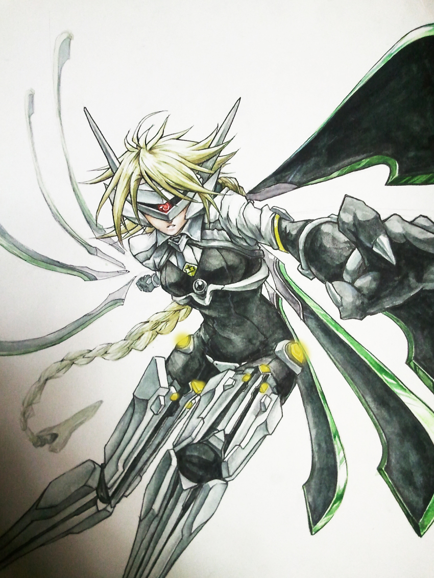 1girl ahoge android blazblue blazblue:_continuum_shift blonde_hair bodysuit braid female_focus floating_object floating_sword floating_weapon full_body glowing hair_ornament hair_weapon highres lambda-11 long_hair mask mecha_musume navel red_eyes rei_crux robot_ears single_braid single_eye solo sword thighhighs very_long_hair visor weapon