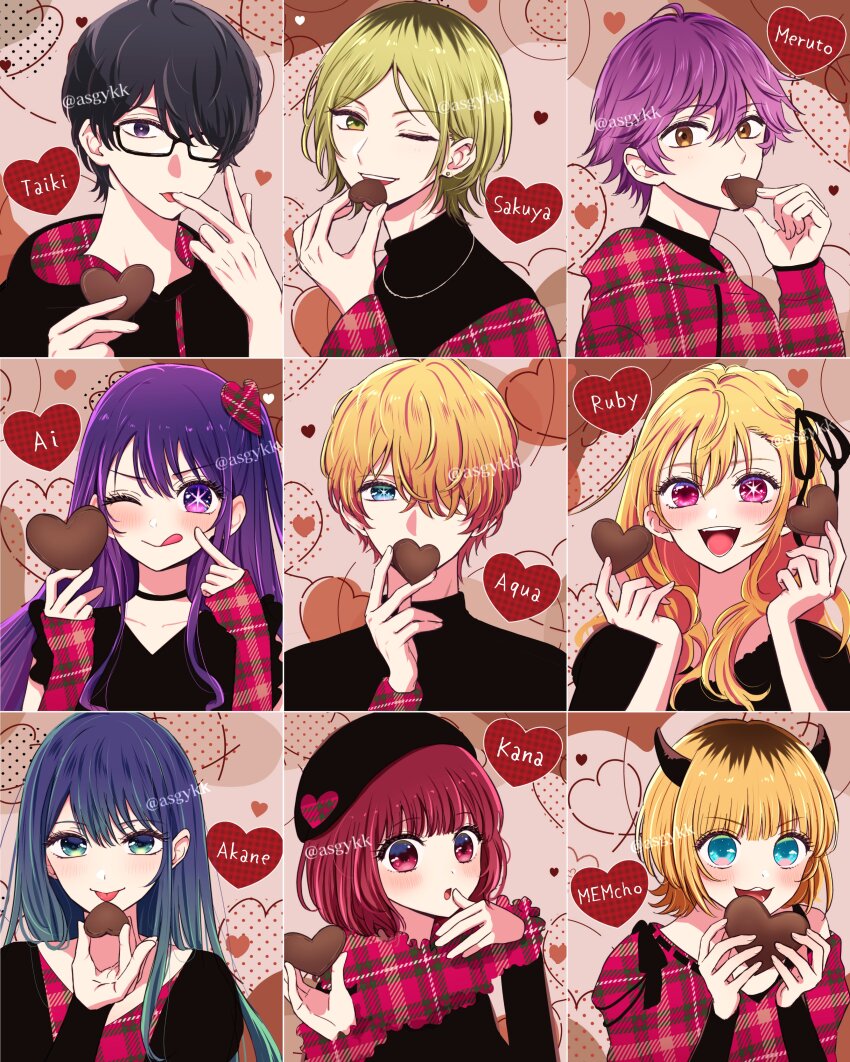 4boys 5girls :q absurdres arima_kana asgykk beret black_dress black_hair black_hat black_hoodie black_sweater blonde_hair blue_eyes blue_hair blush bob_cut brown_eyes candy chocolate chocolate_heart demon_horns dress fake_horns food glasses green_eyes hair_between_eyes hair_ornament hair_over_one_eye happy_valentine hat heart heart-shaped_food heart_hair_ornament highres himekawa_taiki holding holding_chocolate holding_food hood hoodie horns hoshino_ai hoshino_aquamarine hoshino_ruby inverted_bob jacket jewelry kamoshida_sakuya kurokawa_akane long_hair long_sleeves looking_at_viewer mem-cho multicolored_hair multiple_boys multiple_girls narushima_melt necklace one_eye_closed open_mouth oshi_no_ko pink_dress pink_eyes pink_hoodie pink_jacket pink_sleeves purple_eyes purple_hair red_eyes red_hair roots_(hair) shirt short_hair simple_background smile star-shaped_pupils star_(symbol) sweater symbol-shaped_pupils tongue tongue_out turtleneck turtleneck_sweater valentine