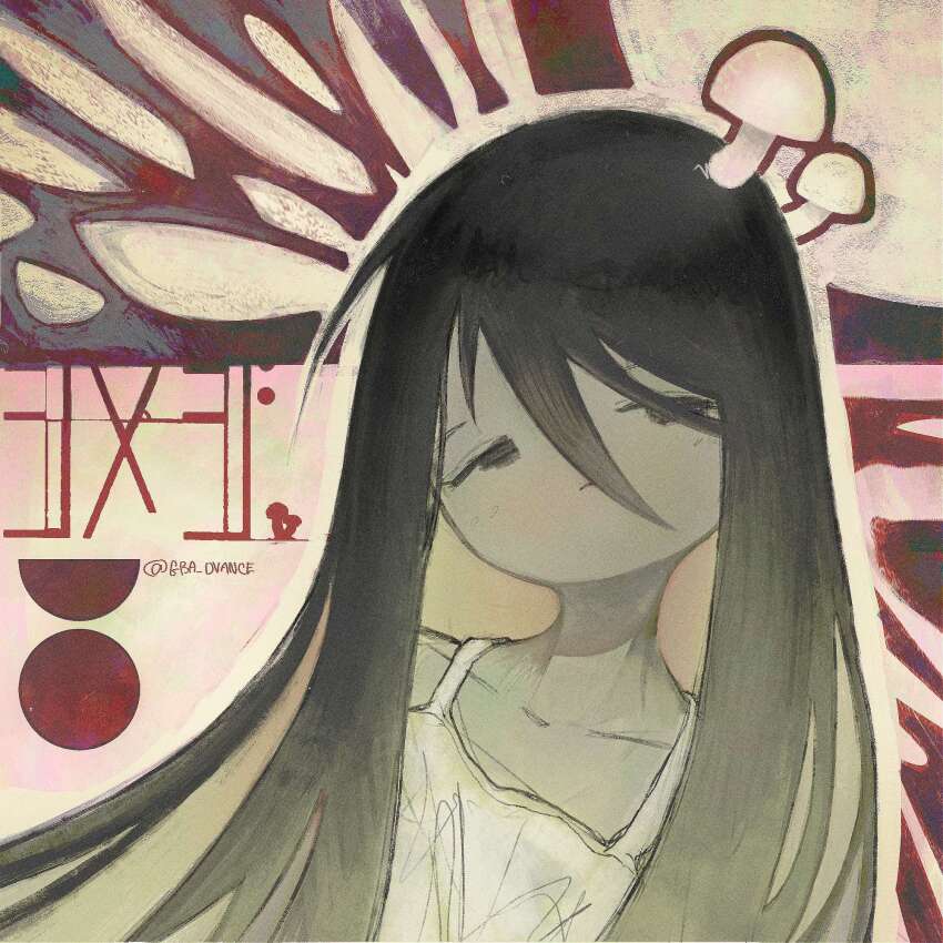 1girl abstract_background black_hair camisole closed_mouth collarbone gba_dvance hair_between_eyes highres long_hair looking_up mushroom mushroom_on_head no_pupils no_sclera shimeji_simulation solo straight_hair swept_bangs tsukishima_shijima twitter_username white_camisole