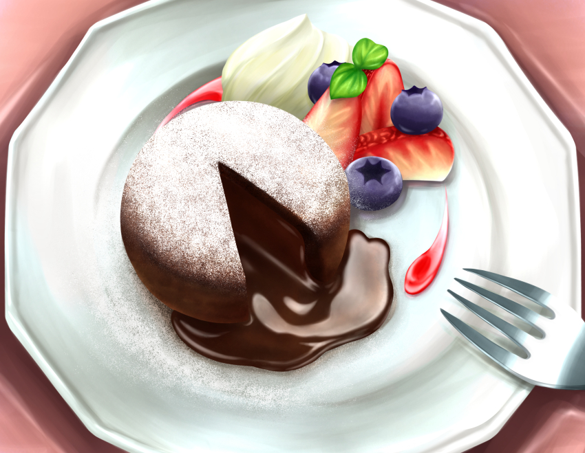 absurdres blueberry cake chocolate fondant_au_chocolat food food_focus fork fruit highres laia_alkaloid no_humans original plate strawberry granulated_sugar