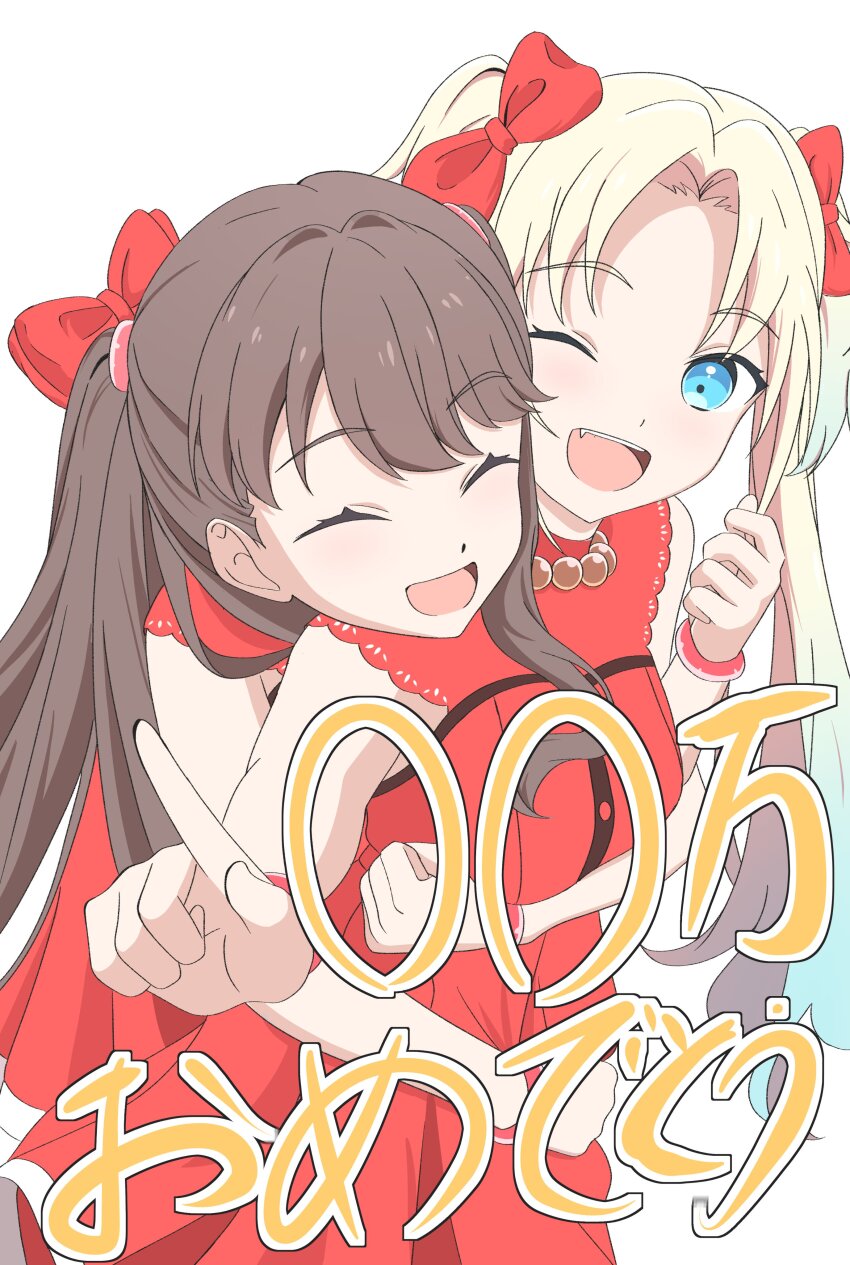 2girls ;d ^_^ absurdres blonde_hair blue_eyes blue_hair bow brown_hair closed_eyes commentary_request cowboy_shot do!_do!_do!_(love_live!) dress fang finger_counting fujishima_megumi gradient_hair hair_bow highres hug hug_from_behind link!_like!_love_live! long_hair love_live! milestone_celebration mira-cra_park! morio_(mmorio_mu) multicolored_hair multiple_girls one_eye_closed open_mouth osawa_rurino parted_bangs purple_eyes red_bow red_dress short_dress simple_background sleeveless sleeveless_dress smile teeth twintails two_side_up upper_teeth_only virtual_youtuber white_background