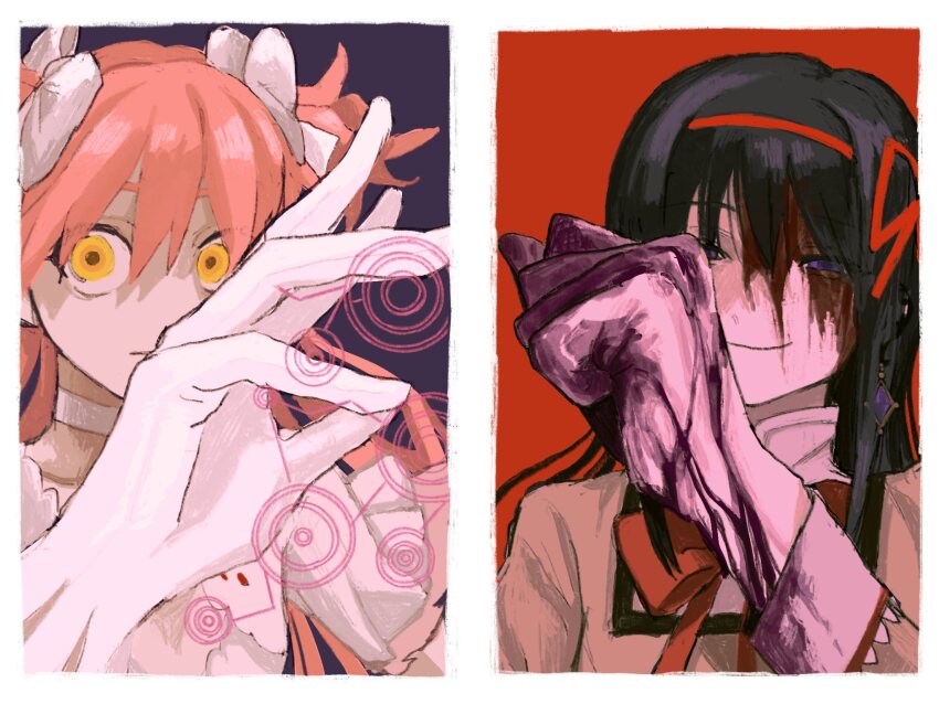 2girls akemi_homura black_hair blood_from_forehead blood blood_on_face blood_on_hands border bow bowtie choker clenched_hand closed_mouth commentary_request diamond_earrings dress earrings empty_eyes floating_earrings gloves hair_bow hair_ribbon hairband hand_up highres jewelry kaname_madoka long_hair long_sleeves looking_at_viewer magic_circle mahou_shoujo_madoka_magica mahou_shoujo_madoka_magica:_hangyaku_no_monogatari mitakihara_school_uniform multiple_girls multiple_hair_bows narrowed_eyes nou_325 open_hand opposing_sides pink_hair purple_blood purple_eyes red_bow red_bowtie red_hairband red_ribbon ribbon school_uniform short_sleeves smirk two_side_up ultimate_madoka upper_body white_border white_bow white_choker white_dress white_gloves wide-eyed yellow_eyes
