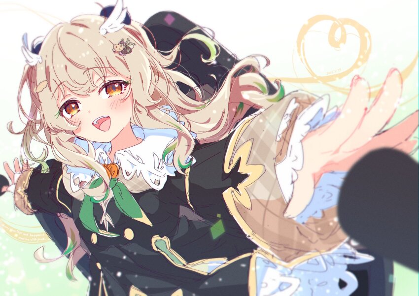 1girl :d amatsuna_sasaha animal_ears black_dress blonde_hair blush bow bowtie cowboy_shot dress esinoinu feather_hair_ornament feathers green_bow green_bowtie hair_ornament highres long_hair long_sleeves looking_at_viewer nanashi_inc. open_mouth orange_eyes outstretched_arms panda_ears panda_girl smile solo spread_arms teeth upper_teeth_only virtual_youtuber