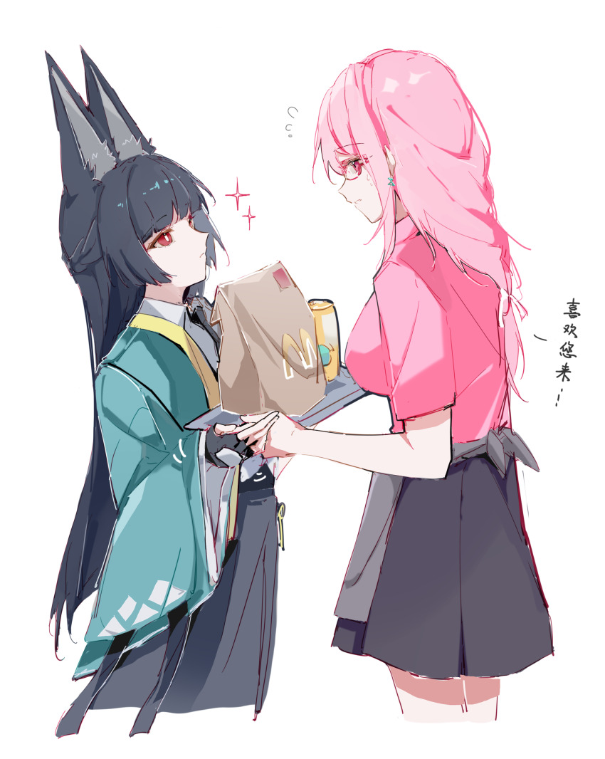 2girls absurdres animal_ears black_gloves black_hair black_skirt blunt_bangs closed_mouth coloki cowboy_shot earrings fingerless_gloves fox_ears fox_girl glasses gloves green_jacket hair_between_eyes hand_on_another&#039;s_hand high-waist_skirt highres hoshimi_miyabi jacket jewelry long_hair looking_at_another multiple_girls sidelocks simple_background skirt sparkle standing tsukishiro_yanagi white_background yuri zenless_zone_zero