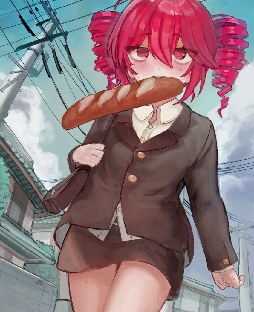 1girl alternate_costume arm_at_side bag baguette black_skirt blue_sky blush bread buttons cable cloud collared_shirt commentary cowboy_shot day double-parted_bangs drill_hair flat_chest food formal_clothes hair_between_eyes highres house jacket kasane_teto late_for_school microa mouth_hold office_lady outdoors power_lines push-button red_eyes red_hair shirt shoulder_bag skirt skirt_set skirt_suit sky solo suit suit_jacket teeth twin_drills upper_teeth_only utau utility_pole wing_collar