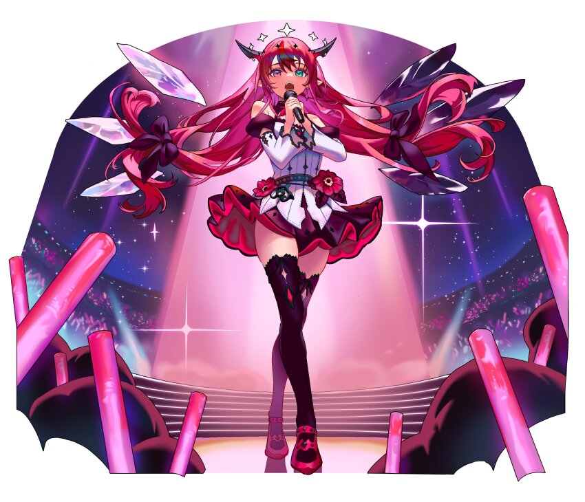 1girl absurdres asymmetrical_wings blue_eyes bow breasts cleavage cleavage_cutout clothing_cutout commentary concert crossed_legs crowd crystal_wings detached_wings double_halo dress dress_flower earrings english_commentary fangs flower fluffycatfish full_body glowstick hair_bow halo halter_dress halterneck heterochromia highres holding holding_microphone hololive hololive_english horns irys_(hololive) irys_(irys_2.0)_(hololive) jewelry juliet_sleeves long_hair long_sleeves looking_at_viewer low-tied_long_hair microphone mismatched_wings multicolored_hair music open_mouth penlight_(glowstick) pointy_ears puffy_sleeves purple_eyes purple_hair purple_thighhighs red_hair red_shoes shoes short_dress singing sleeveless sleeveless_dress solo spotlight stage star_halo strappy_heels streaked_hair thighhighs very_long_hair virtual_youtuber white_dress wings