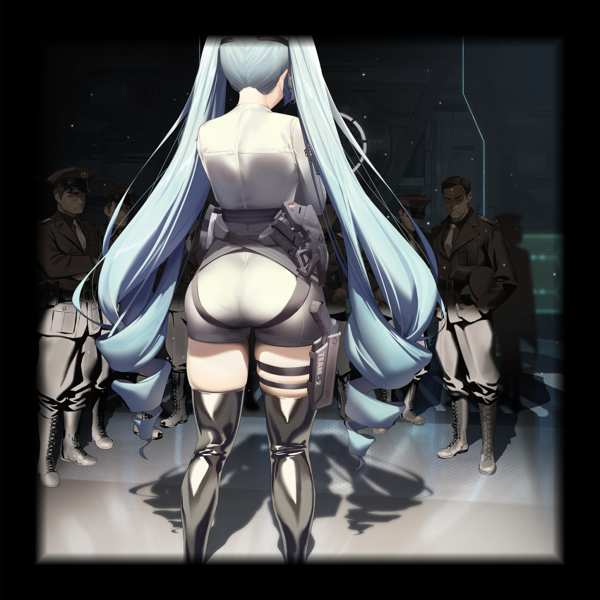 1girl 5boys aqua_hair artist_request ass black_thighhighs drill_hair from_behind goddess_of_victory:_nikke highres huge_ass latex latex_thighhighs long_hair multiple_boys non-web_source official_art privaty_(nikke) thigh_strap thighhighs twintails