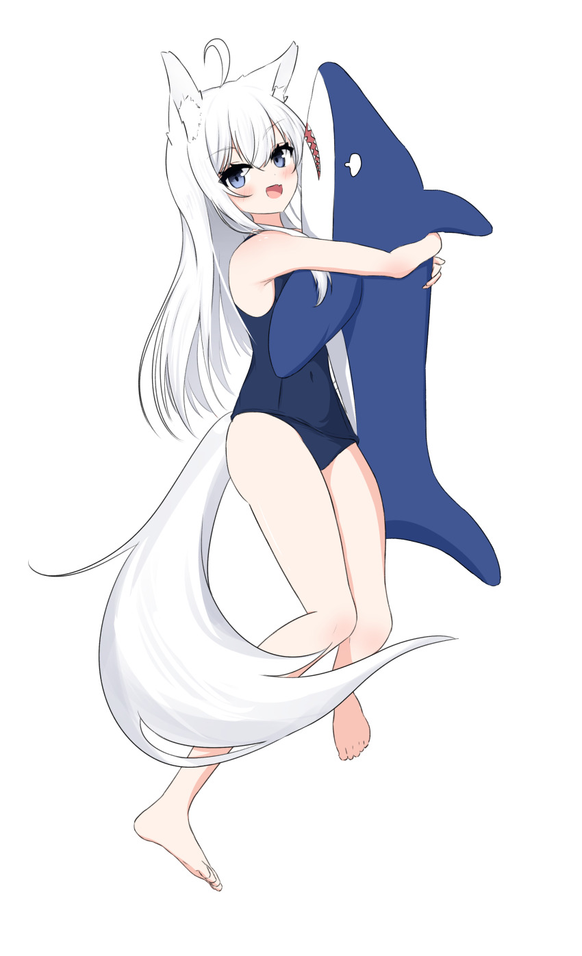 1girl absurdres ahoge animal_ear_fluff animal_ears bare_arms bare_legs bare_shoulders barefoot blue_eyes blue_one-piece_swimsuit commentary_request covered_navel fox_ears fox_girl fox_tail full_body hair_between_eyes highres hugging_object natsuginji old_school_swimsuit one-piece_swimsuit original school_swimsuit simple_background solo stuffed_animal stuffed_shark stuffed_toy swimsuit tail white_background white_hair