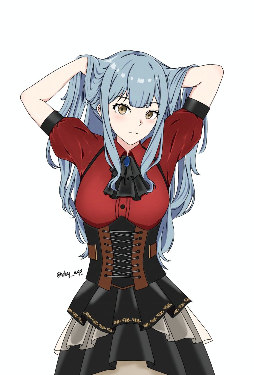 1girl a_whydc arms_behind_head ascot bang_dream! black_ascot black_ribbon blue_brooch blue_hair blunt_bangs breasts closed_mouth commentary corset cowboy_shot highres light_blush light_frown long_hair medium_breasts oblivionis_(bang_dream!) puffy_short_sleeves puffy_sleeves red_shirt ribbon shirt short_sleeves sidelocks simple_background solo togawa_sakiko twitter_username underbust white_background yellow_eyes