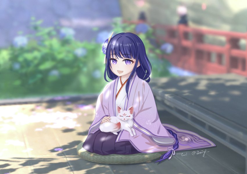 1girl 3d_background :d absurdres aged_down alternate_costume architecture beiyi blunt_bangs blurry bow braid bridge bush commentary_request cushion depth_of_field east_asian_architecture fox genshin_impact hair_bow hair_ornament hair_ribbon highres japanese_clothes kimono long_hair long_sleeves looking_at_viewer low-braided_long_hair low-tied_long_hair low_ponytail mole mole_under_eye open_mouth petting ponytail purple_eyes purple_hair raiden_shogun ribbon seiza sidelocks single_braid sitting smile tree_shade wide_sleeves