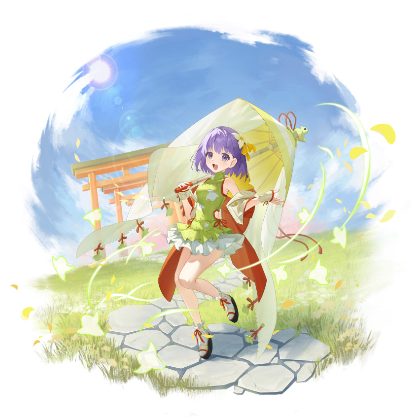 1girl absurdres alexhong1129 architecture bare_legs bare_shoulders blue_sky bow breasts building curvy detached_sleeves dress east_asian_architecture fate/grand_order fate_(series) flower full_body geta grass green_dress hair_between_eyes hair_flower hair_ornament highres holding holding_umbrella kazuradrop_(fate) kazuradrop_(third_ascension)_(fate) layered_clothes layered_skirt leaf looking_at_viewer multiple_torii off_shoulder oil-paper_umbrella open_mouth outdoors outstretched_arm outstretched_hand purple_eyes purple_hair red_ribbon ribbon short_hair skirt sky small_breasts smile solo spread_fingers standing thighs torii umbrella umbrella_over_shoulder white_skirt wind yellow_bow